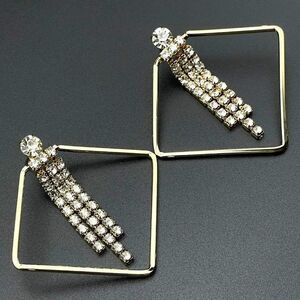 Yellow Gold Rhombus with White Diamond Crystal Dangling Tassel Post Earrings